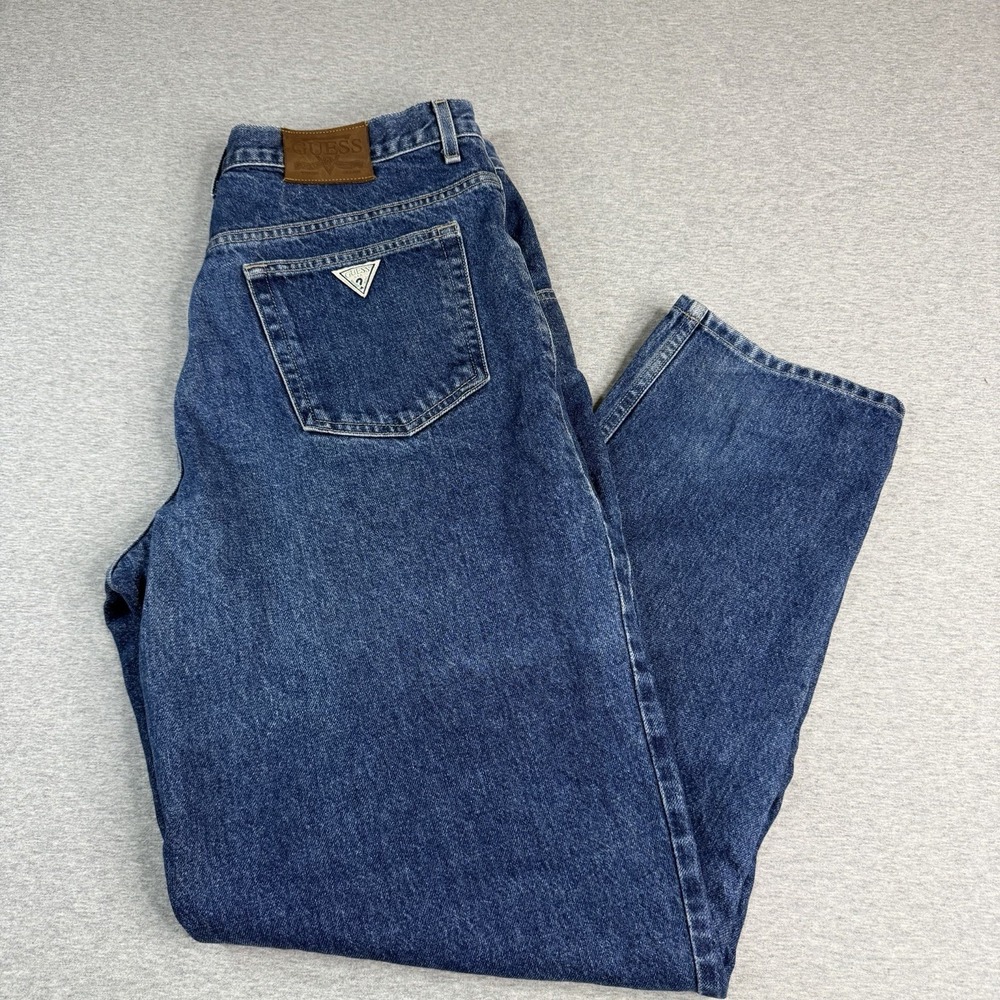 Vintage GUESS Jeans 80s 90s Tapered Leg High Waisted Blue Denim Unisex 36x30.5
